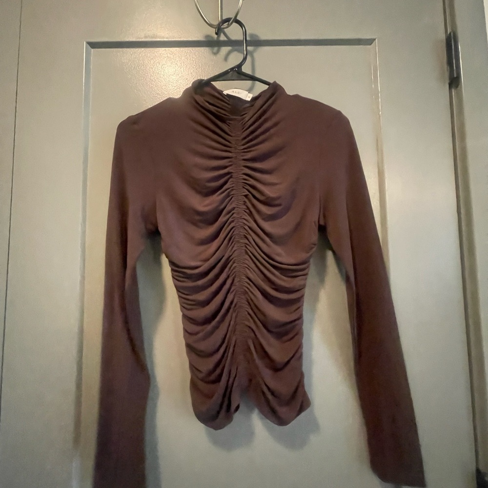 ALC A.L.C. Ruched brown mesh long sleeve top